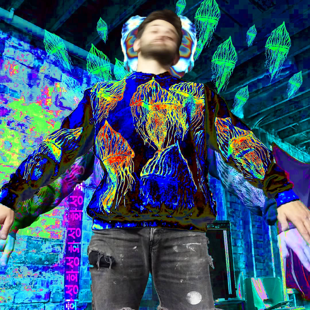 Solarised portrait of Anthony with jellyfish and vertical Korean typography