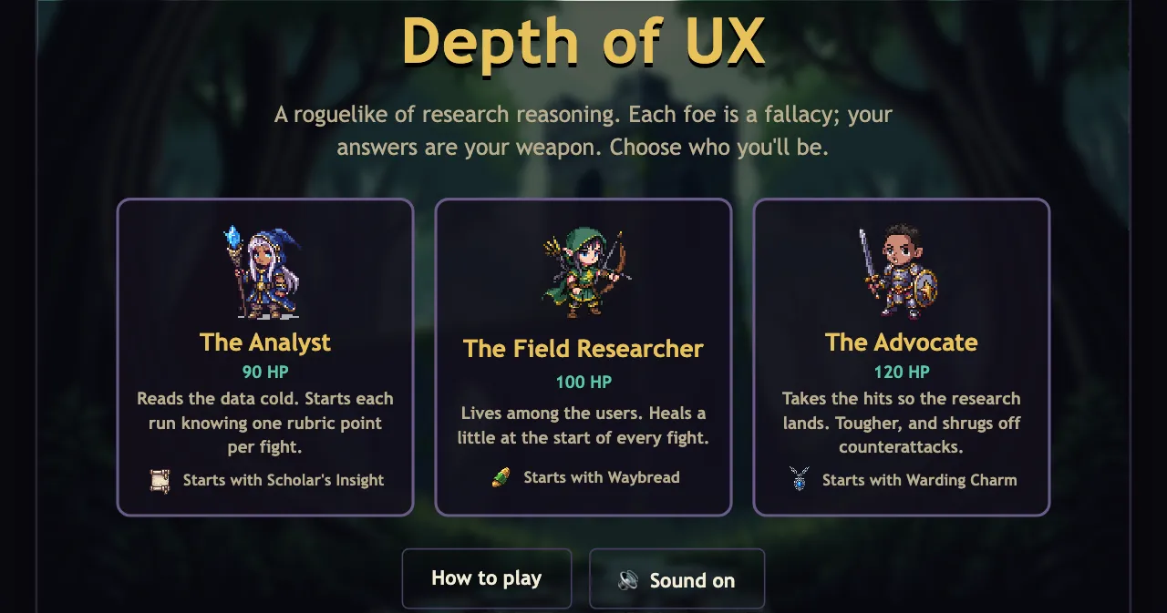 Depth of UX character select showing the Analyst, Field Researcher, and Advocate