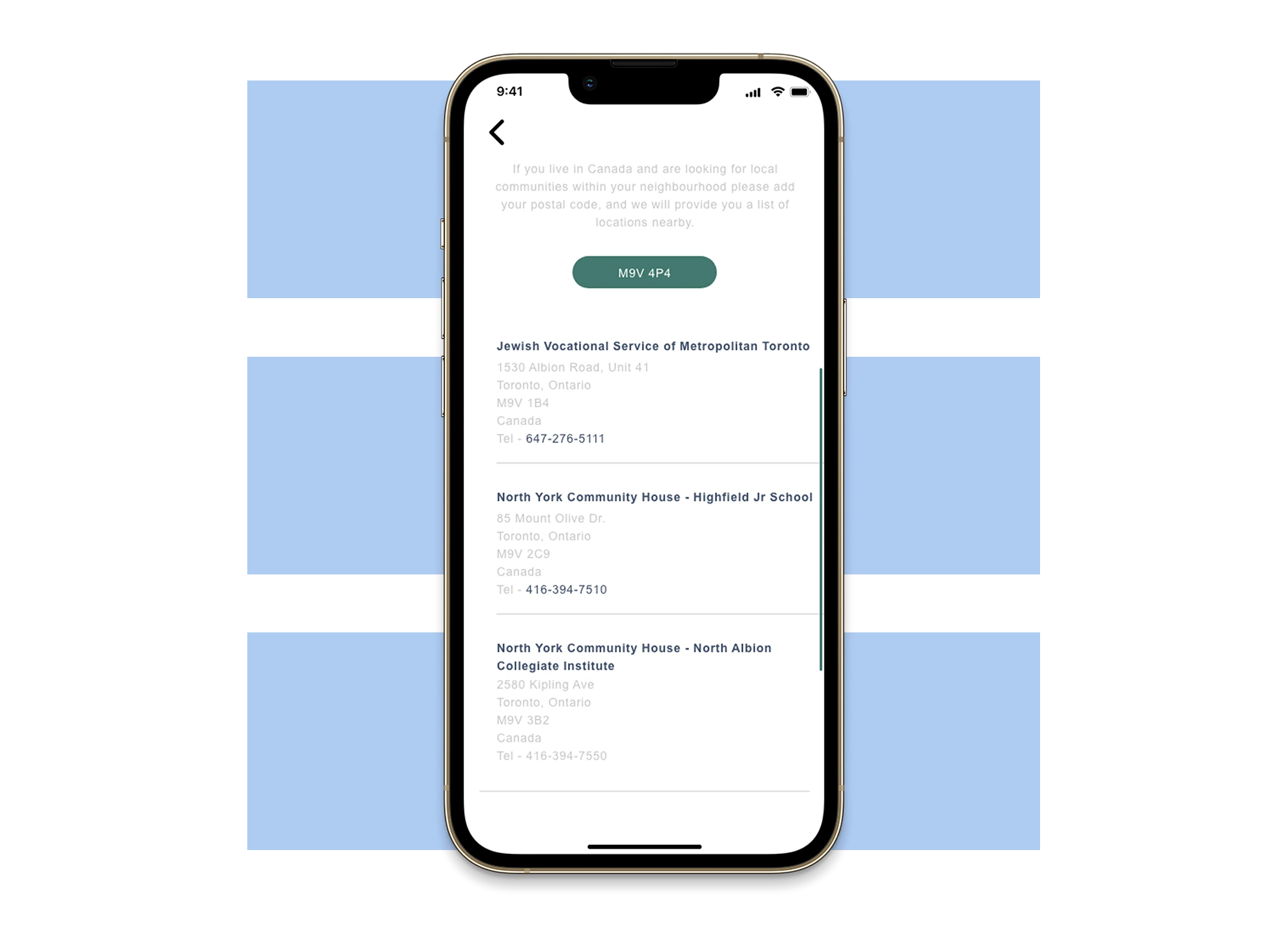 Burst community support screen listing nearby organizations