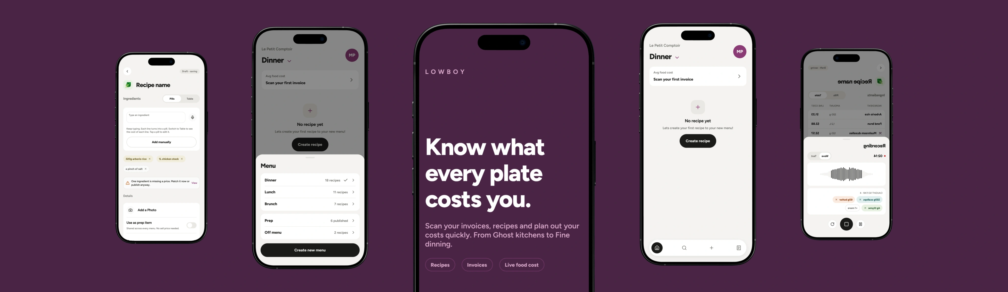 Five final Lowboy product screens arranged across a plum background