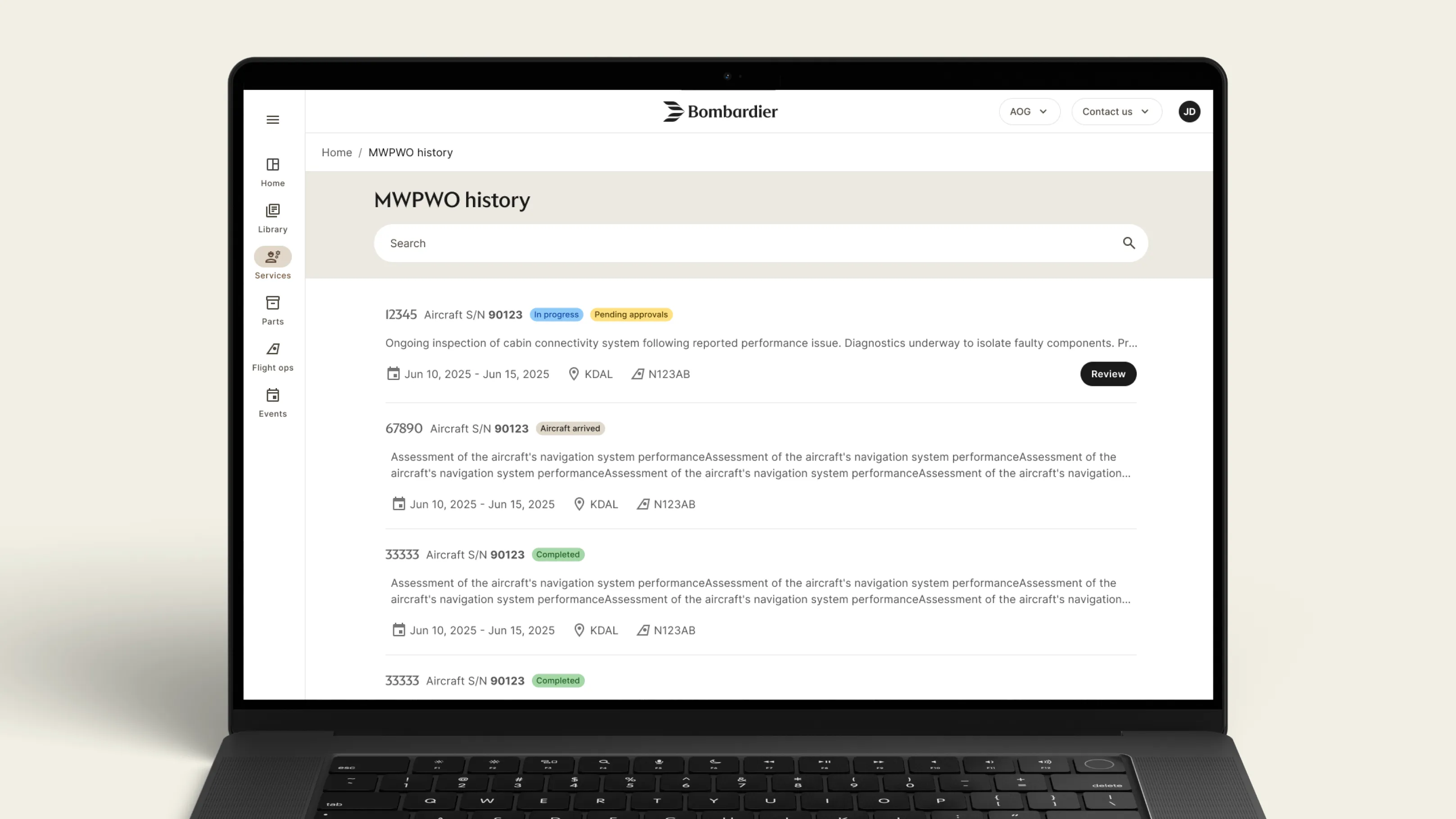 Bombardier MyBA work order interface shown on a laptop