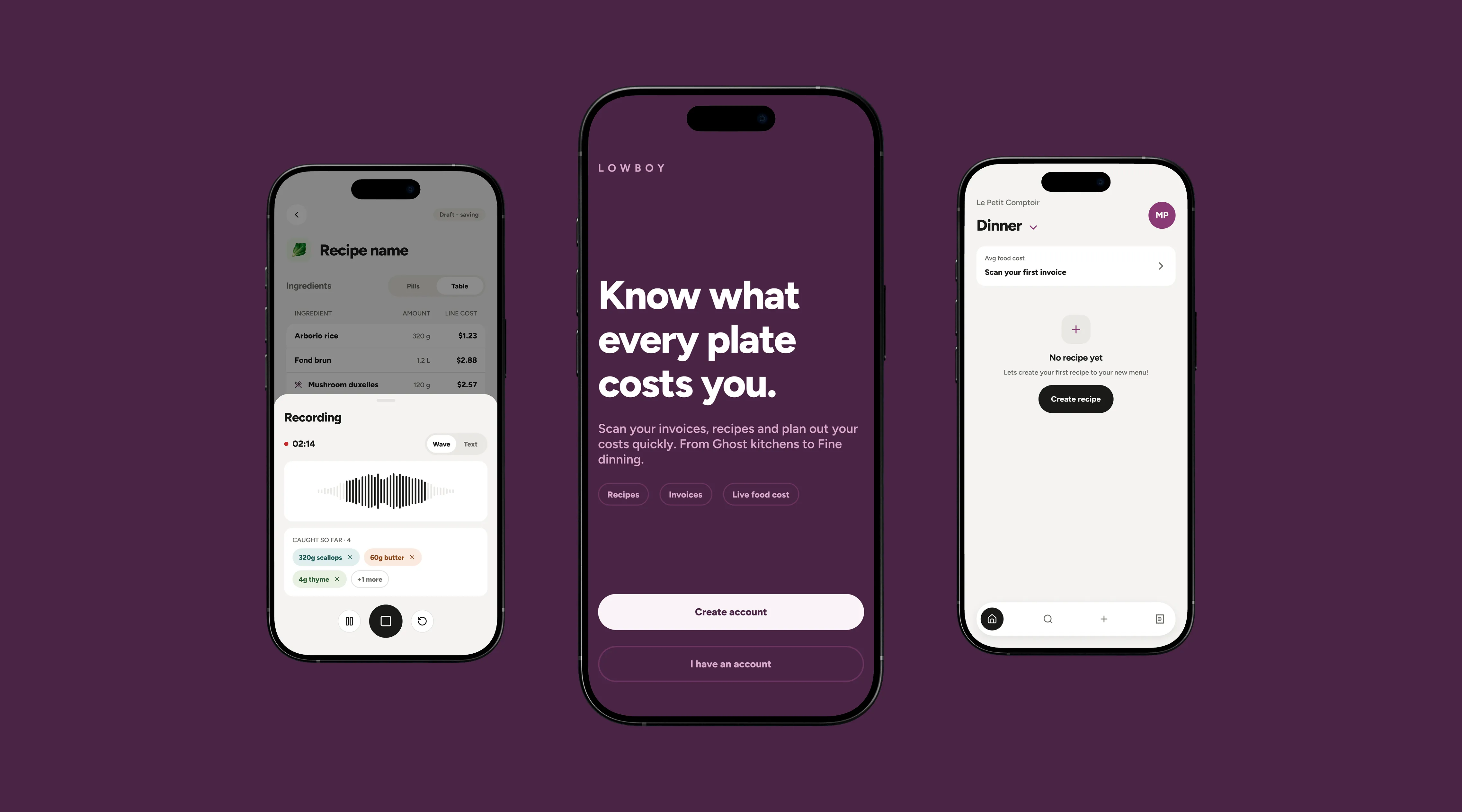 Lowboy mobile product screens on a deep plum background