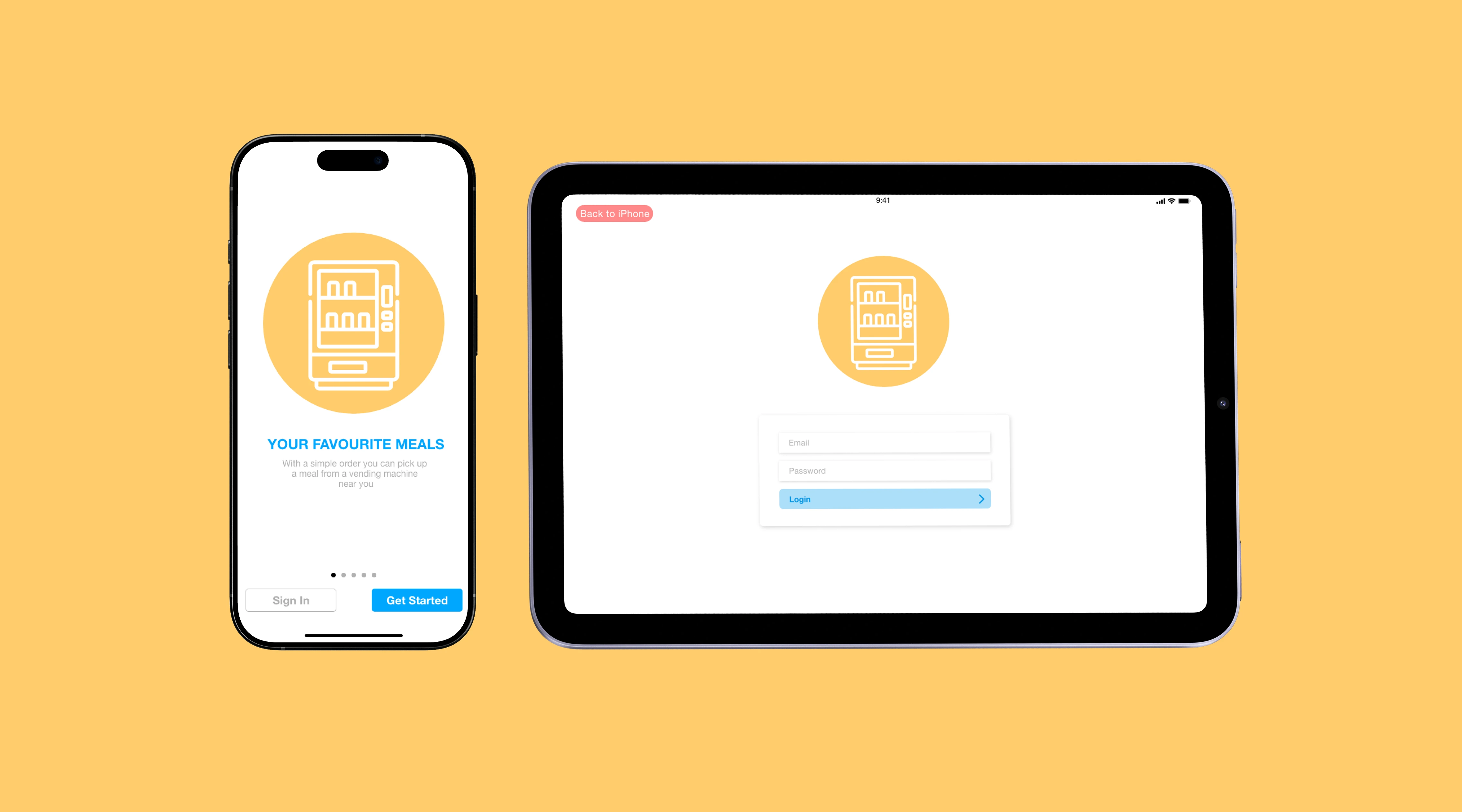 Vendor Out customer phone and restaurant tablet interfaces on a yellow background