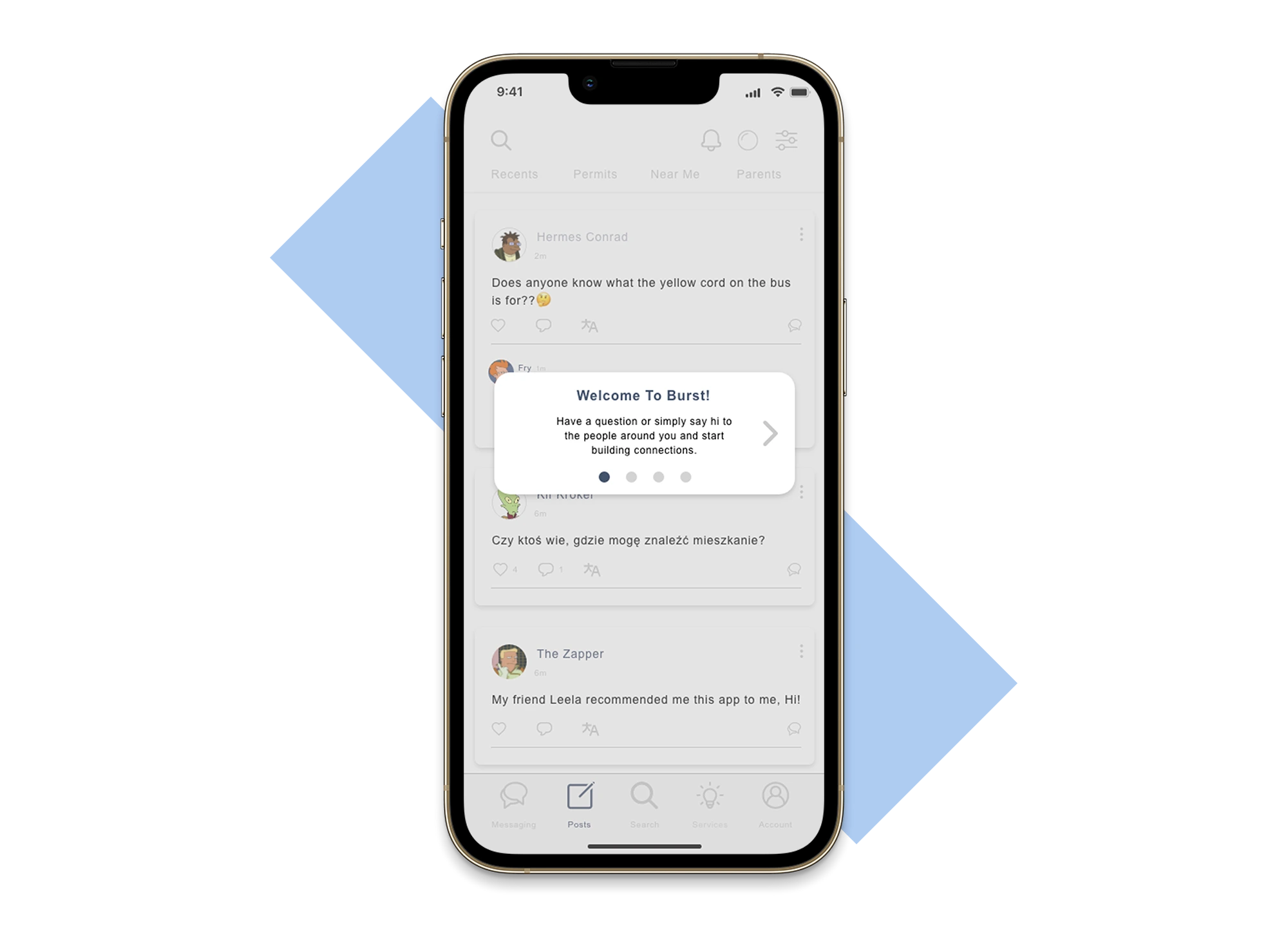 Burst onboarding coach mark over the local post feed