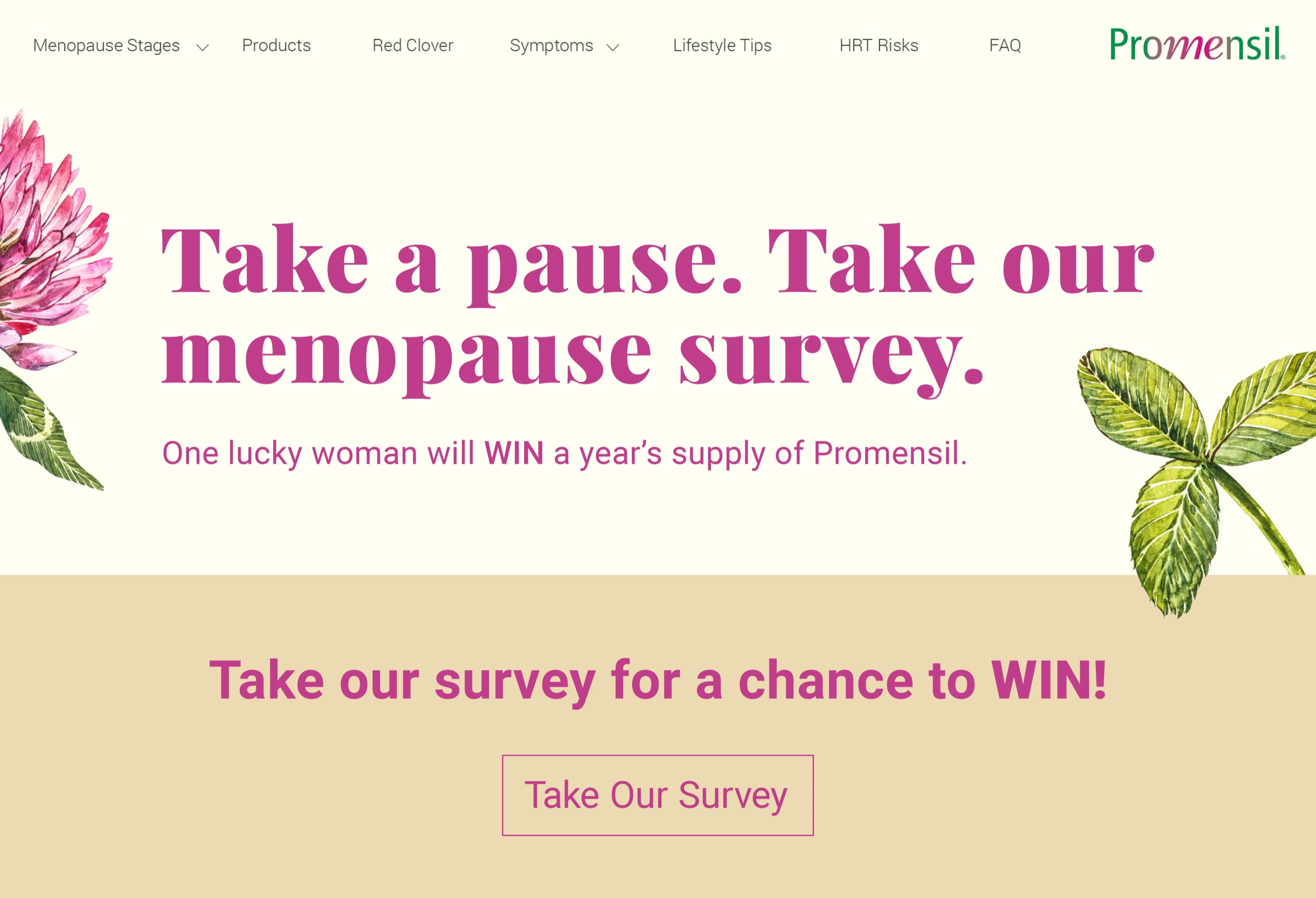 Promensil landing page opening with the survey invitation and botanical illustration