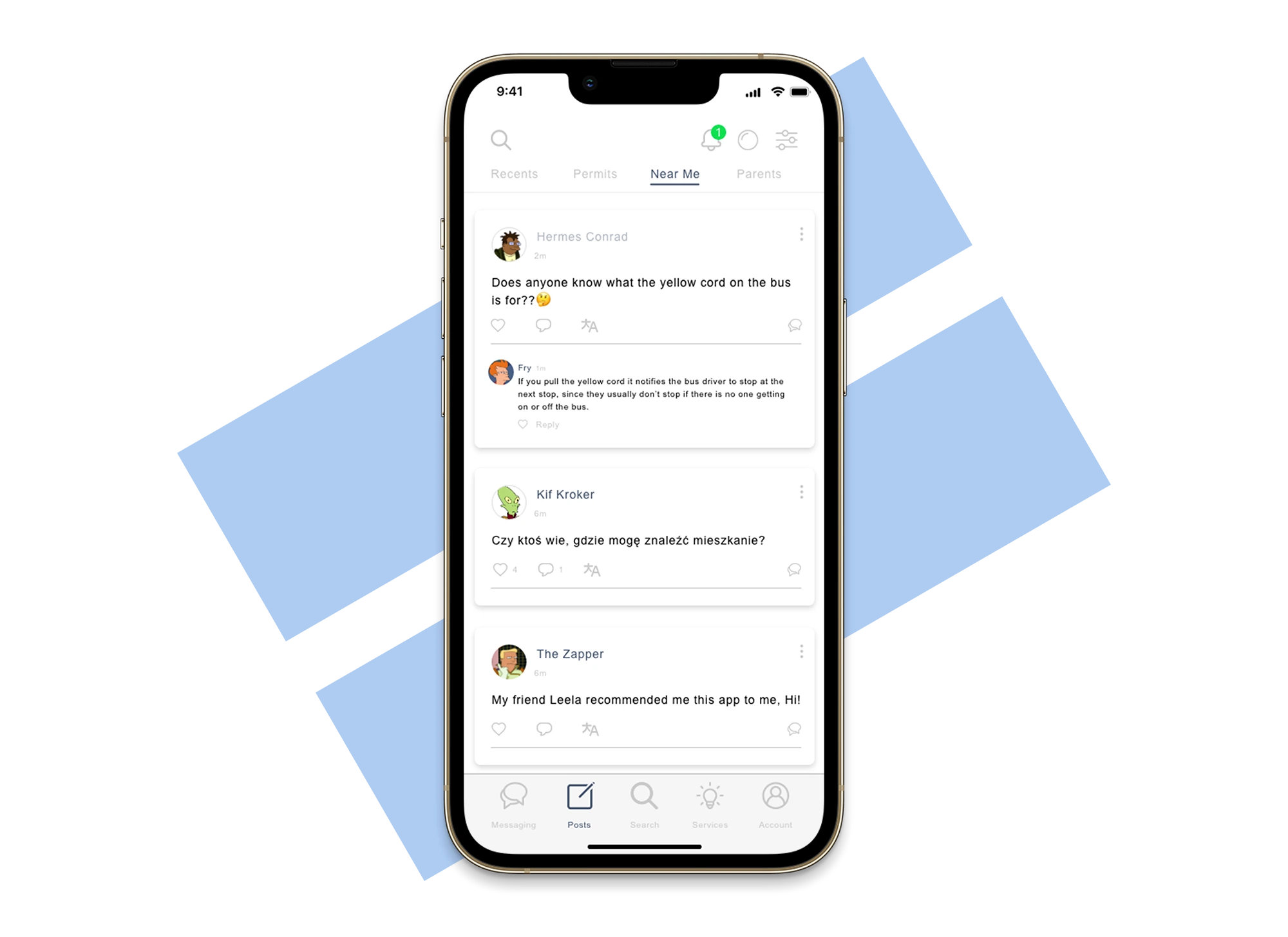 Burst local post feed with translated questions and replies