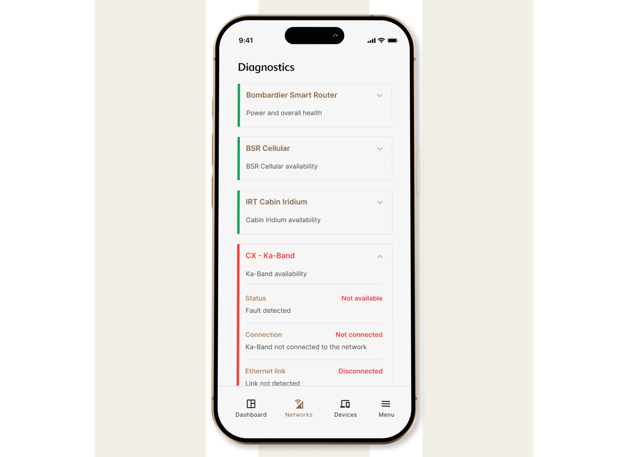 Mobile diagnostics interface showing component health
