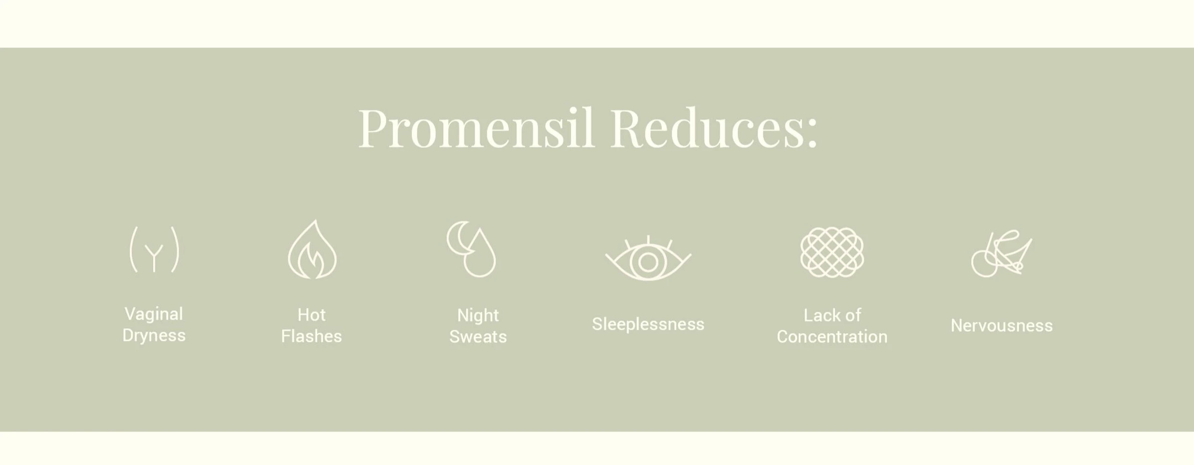 Six menopause symptoms named with simple line icons