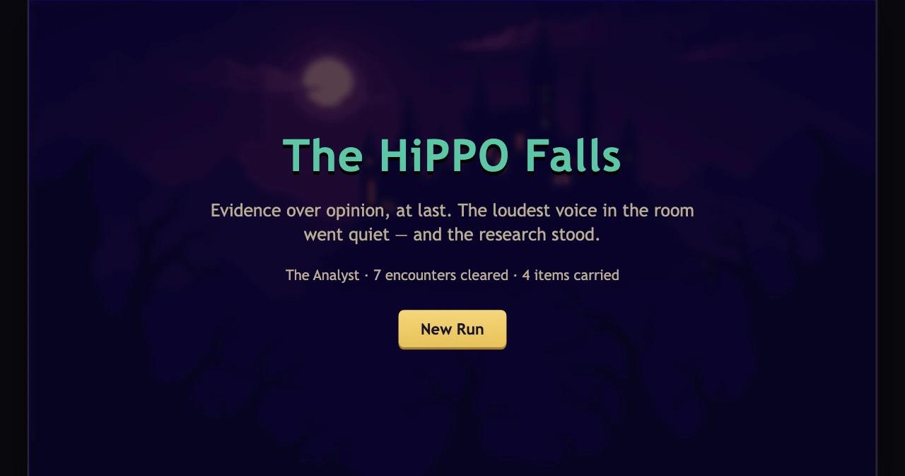 Depth of UX victory screen reading The HiPPO Falls